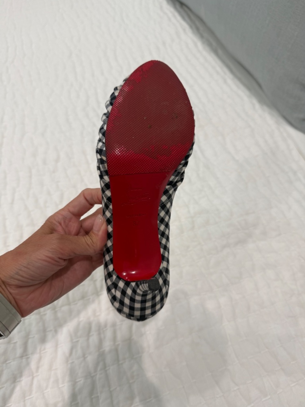 Christian Louboutin Black Gingham Peep Toe Heels 37 EU - Picture 6 of 9